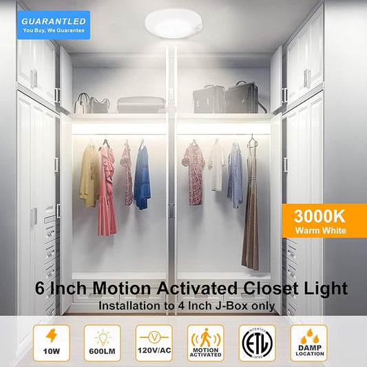 Closet Lights Motion Sensored Indoor Ceiling Mount LED- 10W 3000K Closet Stair Porch Ceiling Pantry Motion Activated Light, 6-7/8 Inch 90CRI 600lm Hardwire to Junction Box, No Battery, Damp Rated ETL