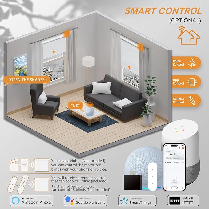 Motorized Smart Blinds with Remote - Cordless Electric Blackout Roller Shades, Compatible with Alexa & Google Assistant, White, 31" W x 72" H