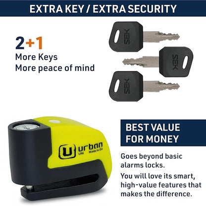 URBAN UR6 Hi-Tech Motorcycle Disc Lock with Smart Alarm | Best Value | 120dB, LED, Warning, A+ Sensitivity, Truly Waterproof, Long-Life CR2 Battery, Carried Locked, Bike Anti Theft Wheel Brake Locks