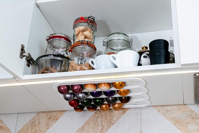 Demi's Home Adhesive Coffee Pod Holder for Nespresso Vertuo Capsules (Measure Before Purchase) - Suitable to be Mounted Inside/Under the Cabinet or on the Wall (White)