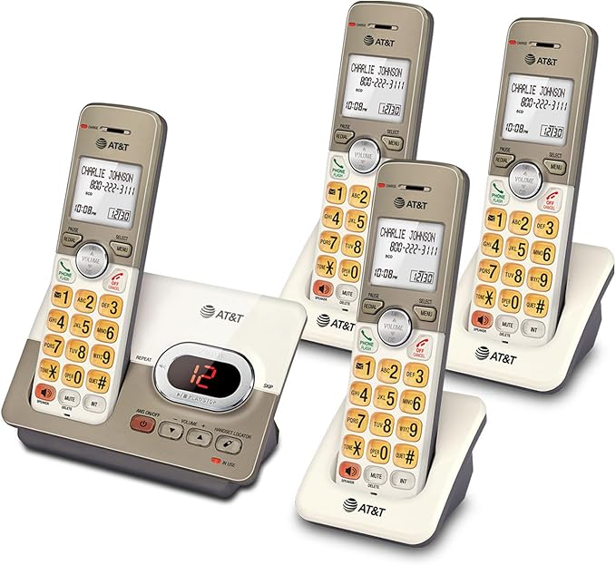 AT&T EL52413 4-Handset Cordless Phone with Digital Answering System, Extra-Large Backlit Keys, Caller ID/Call Waiting, DECT 6.0, Speakerphone – Light Champagne