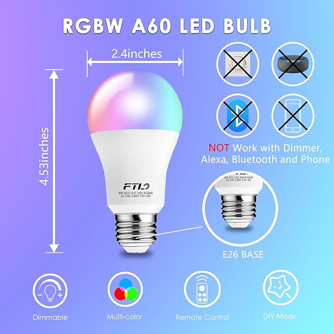 FTL Color Changing Light Bulb with Remote Control, A19 E26 Dimmable RGB LED Colored Light Bulbs 8W 60W Equivalent, 30 Colors, 2700K-6000K, Timer, Multi Color Recessed Light Bulbs for Bedroom, 4-Pack