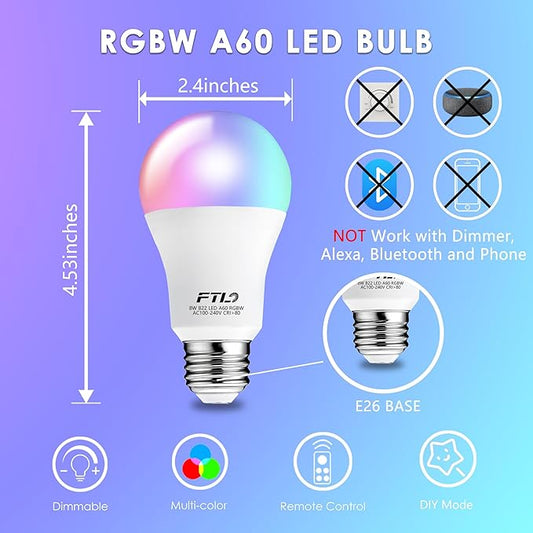 FTL Color Changing Light Bulb with Remote Control, A19 E26 Dimmable RGB LED Colored Light Bulbs 8W 60W Equivalent, 30 Colors, 2700K-6000K, Timer, Multi Color Recessed Light Bulbs for Bedroom, 4-Pack