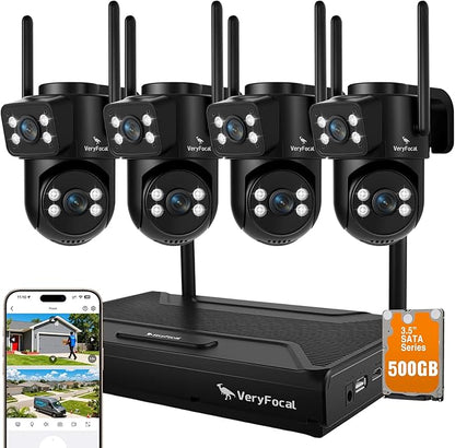 Dual Lens Wireless Security System, 4PCS 2-in-1 Cameras, 4K 10CH NVR, 500GB HDD, 24/7 Recording, WiFi 6 Mesh Long Range, No Subscription, AI Tracking, IP66 Waterproof for Home Office Outdoor