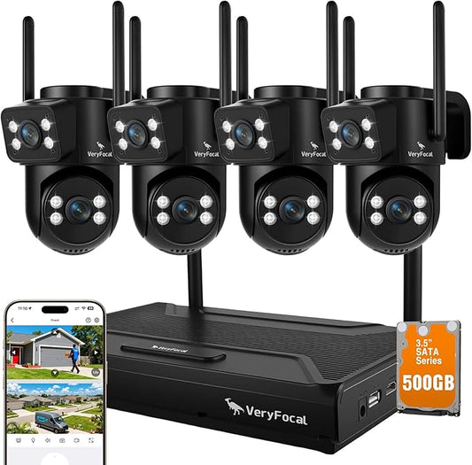 Dual Lens Wireless Security System, 4PCS 2-in-1 Cameras, 4K 10CH NVR, 500GB HDD, 24/7 Recording, WiFi 6 Mesh Long Range, No Subscription, AI Tracking, IP66 Waterproof for Home Office Outdoor