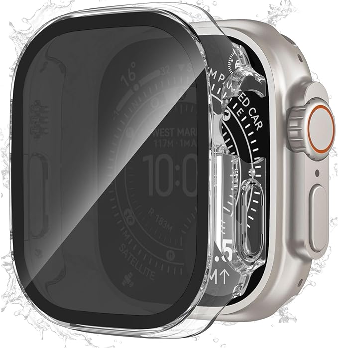 Waterproof Privacy Case Compatible with Apple Watch Ultra 3/2/1 49mm with Anti-peep Screen Protector, iWatch Face Cover Protective Bumper for iWatch Case 49mm Clear