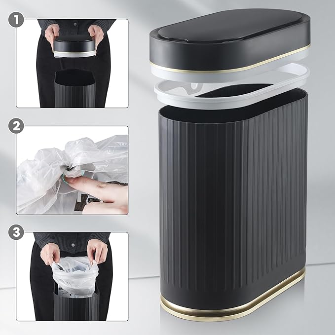 ELPHECO Bathroom Trash Can 2 Gallon Plastic Smart Garbage Can Waterproof Wastebasket Bathroom Decor Narrow Garbage Bin with Automatic lid for Bedroom, Kitchen, Office, Black Gold