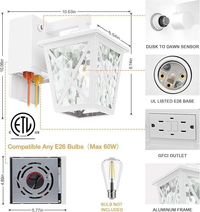 Ehaho Porch Lights with Outlet, Dusk to Dawn Outdoor Light with Built-in GFCI Outlet, Waterproof Anti-Rust Lantern for Front Door (White 1 PC)
