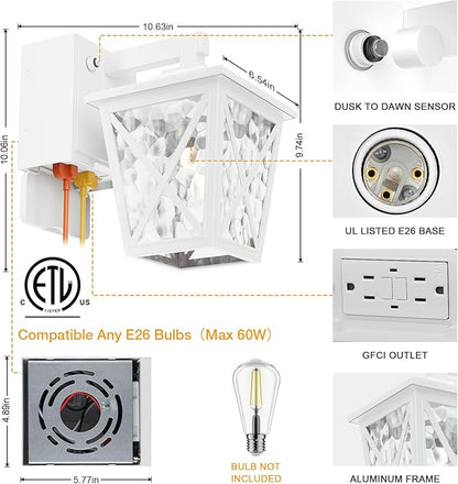Ehaho Porch Lights with Outlet, Dusk to Dawn Outdoor Light with Built-in GFCI Outlet, Waterproof Anti-Rust Lantern for Front Door (White 1 PC)
