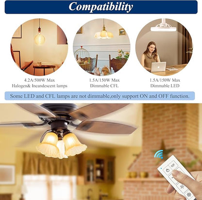 Ceiling Fan Remote Control Kit & Dimmer Switch, Adjustable 3-Speed Fan & Brightness Control & 2/4/8H Timing, Compatible with Hampton Bay Harbor Breeze Hunter, No in-Wall Wiring, White