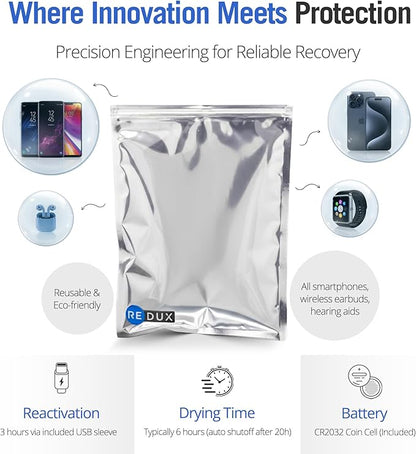 Redux DryBUDDY Hearing Aid Dryer and Dehumidifier with Pouch - Mobile and Hearing Aid Desiccant Moisture Removal for Water Damage, Heat Free Drying for Cell Phones & Earbuds with Smart LED Indicators