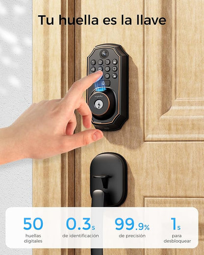 Keyless Entry Deadbolt with Handle Set - WiFi Smart Lock with Camera, 5-in-1 Camera+Doorbell+Fingerprint+Keypad, App Control, Auto Lock, Easy Install, Waterproof for Front Door（Black）