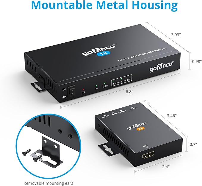 gofanco 1x2 HDMI Extender/Splitter over CAT6/7 – 1080p up to 197ft(60m), 4K60Hz up to 115ft(35m), HDR, HDCP 2.2,IR,EDID,PoC,Loopout,5.1-ch Digital Audio, Coaxial/Analog Audio Extraction (HD20Ext-2Pv2)