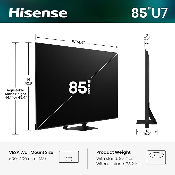 Hisense 85" U7 Mini-LED ULED 4K UHD Best Premium Gaming Smart Google TV (85U7SG, 2026 New) - Hi-QLED, Native 165Hz, VRR 330, HDR10+, Dolby Vision IQ·Atmos, IMAX Enhanced, Anti-Reflection, 2.1.2 Ch