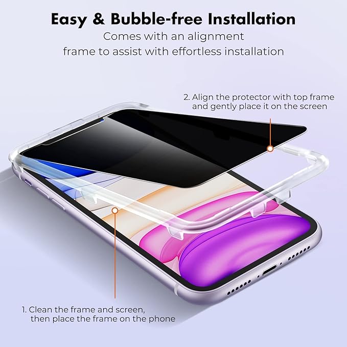 UNBREAKcable Privacy Screen Protector Shatterproof Tempered Glass [True 28°Anti Spy] [9H Hardness] [Easy Installation Frame] for iPhone 11/XR 6.1 inch - 2 Pack
