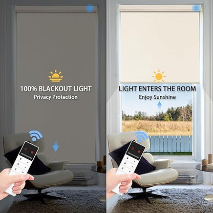 Motorized Blinds with Remote, Blackout Smart Blinds for Windows Motorized Roller Shades, Automatic Window Shades Work with Alexa/Google/Apple Home for Bedroom Living Room, Custom Size (Beige)