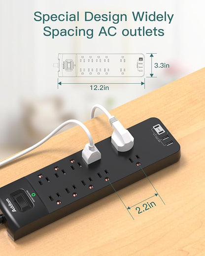 Addtam Power Strips with Surge Protection, 6FT Extension Cord with Multiple Outlets, Surge Protector Power Strip with 10 Outlets and 4 USB Ports(2 USB C), Flat Plug, 2700J, Black