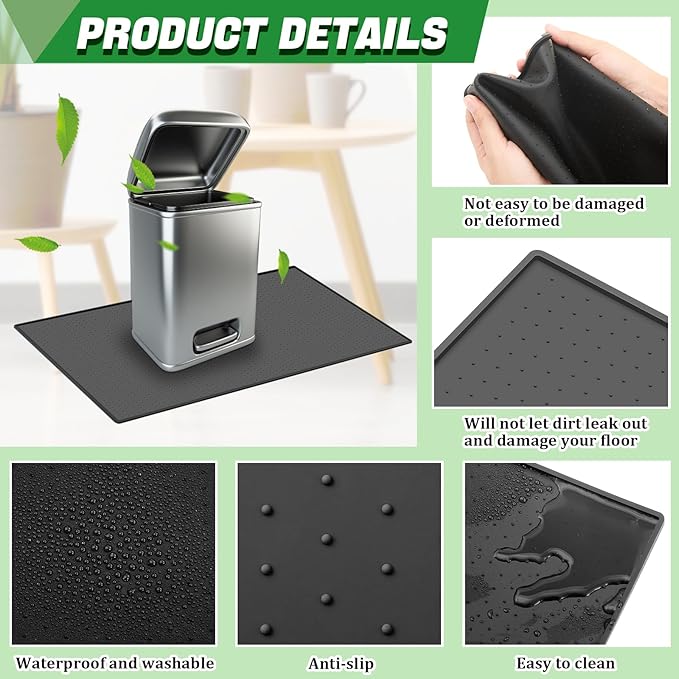 Tinideya Waterproof Trash Can Mat with Raised Edge Non Slip Under Garbage Mat Trash Can Pads Protective Silicone Rubber Tray for Kitchen to Avoid Spills Floor Scratches(Black,11.8" X 18.9")