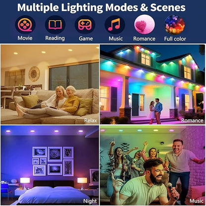 10 Pack LED Recessed Lighting 6 inch, RGBCW Recessed Ceiling Lights Compitable with Alexa, 2700K-6000K Dimmable 1350LM LED Recessed Lights with Junction Box, 16 Million Colors, Timer