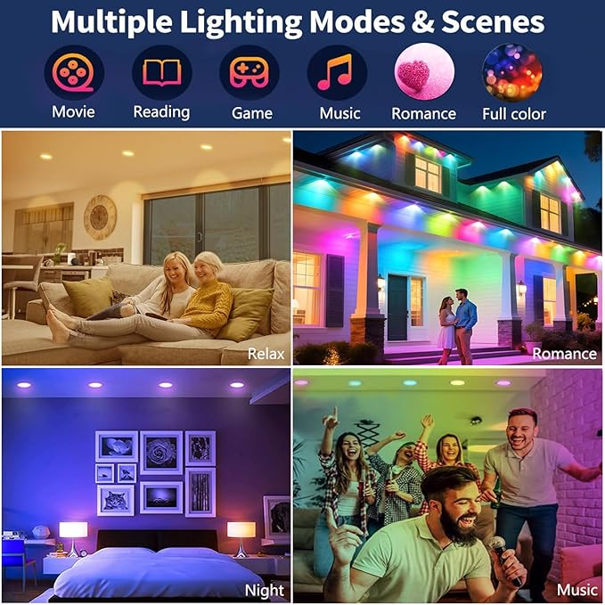 6 Inch LED Recessed Light 16W RGBCW Recessed Ceiling Lights Dimmable by Alexa & APP, 2700K-6000K 1350LM Recessed Lighting with Junction Box,16 Million Colors, DIY Scenes, 23 Modes, 1 Pack