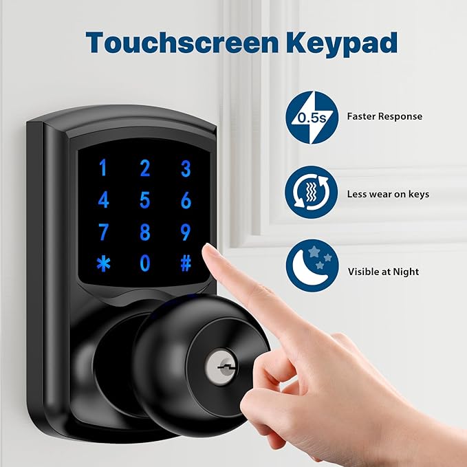 Hidalife Keyless Entry Door Knob with Code, Digital Door Lock with Keypad, Touchscreen Keypad Door Lock with Handle for Front Door Bedroom Home, Auto-Lock, Matte Black