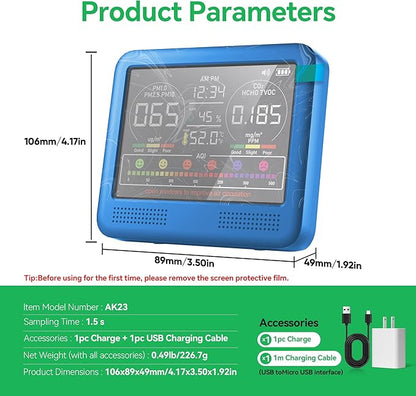 16-in-1 Indoor Air Quality Monitor with PM1.0,PM2.5,PM10,CO2,HCHO,TVOC,Temperature,Humidity,Time Display &7 AQI Alarms – Professional Air Quality Tester for Home, Office & Indoor Use (Lake Blue)