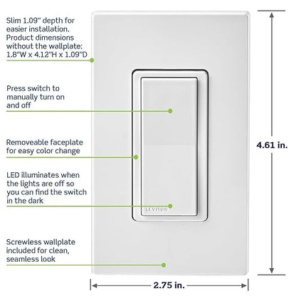 Leviton Decora Smart Switch, Wi-Fi, Works with Matter, Alexa, Google Assistant, Apple Home/Siri & Wired or Wirefree 3-Way, Neutral Wire Required, D315S-1RW, White