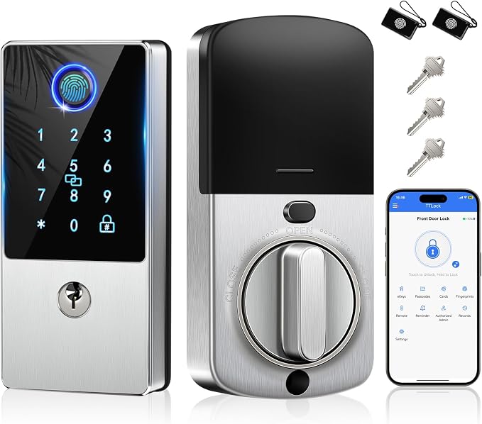 Smart Door Lock Deadbolt, Keyless Entry Door Lock with Fingerprint & Keypad,App Control,Auto Lock,Electronic Digital Lock for Front Door Home Apartment Rental,Easy Installation,Satin Nickel Silver
