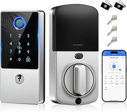 Smart Door Lock Deadbolt, Keyless Entry Door Lock with Fingerprint & Keypad,App Control,Auto Lock,Electronic Digital Lock for Front Door Home Apartment Rental,Easy Installation,Satin Nickel Silver