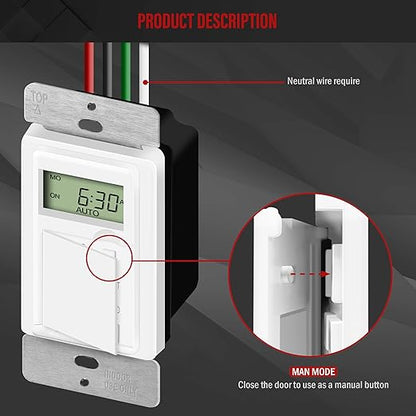 ENERLITES Programmable Digital Timer Switch for Lights, Fans, Motors, 7-Day 18 ON/OFF Timer Settings, Single Pole, Neutral Wire Required, UL Listed, HET01-C, White, 2 Pack | Digital 18 ON/OFF Timer Settings for Fans, Motors, Single Pole, Neutral Wire R...