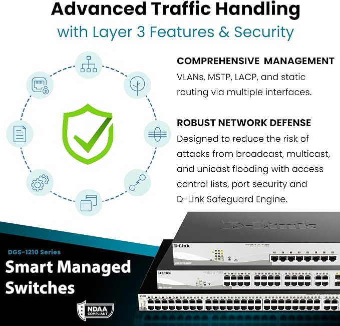 D-Link 10-Port Gigabit Smart Managed Switch | 8 GbE + 2 SFP Ports | L2+ | VLANs | Cable Diagnostics | Web Managed | Desktop or Rackmount | Fanless | NDAA Compliant | Lifetime Protection (DGS-1210-10)