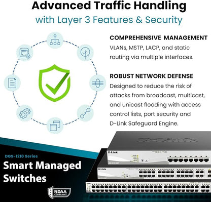 D-Link 10-Port Gigabit Smart Managed Switch | 8 GbE + 2 SFP Ports | L2+ | VLANs | Cable Diagnostics | Web Managed | Desktop or Rackmount | Fanless | NDAA Compliant | Lifetime Protection (DGS-1210-10)