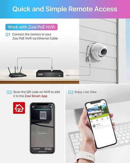 ZOSI 5MP Add-on POE IP Camera Outdoor Indoor Dome Camera with Night Vision Only Work with ZOSI POE Security Camera System and NVR (Model: ZR16DK, ZR08EN, ZR08DN, ZR08PN)