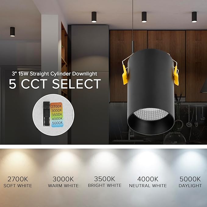 Maxxima 3 in. LED Cylinder Downlight, Recessed Ceiling Spot Light, 900 Lumens, 5 CCT Selectable 2700K/3000K/3500K/4000K/5000K, Dimmable, Black, 90 CRI, IC Rated, Canless, J-Box Included