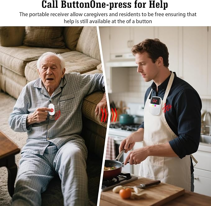 Caregiver Pager System with Digital Display for Elderly Assistance, Fall Prevention, and Nurse Calling，Wearable Wireless Pager for Patient Help at Home (2 Call Buttons + 2 Receivers)