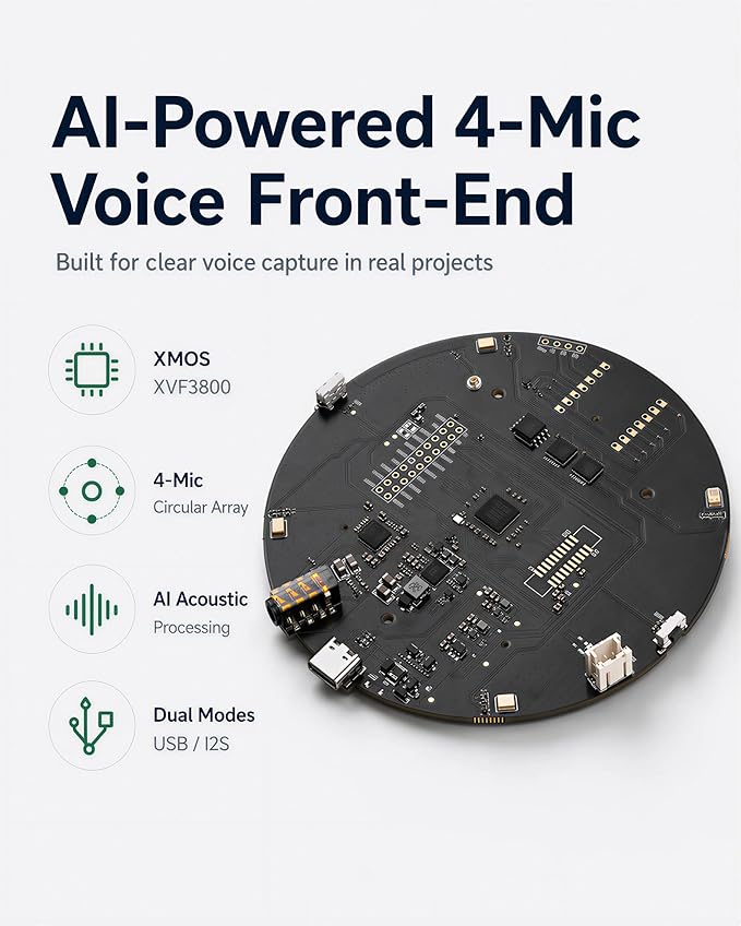 reSpeaker XVF3800 USB Mic Array with Case, 4-Microphone AI Voice Processing, Noise Cancellation & 360° Far-Field Pickup for Raspberry Pi, Jetson & AI Projects