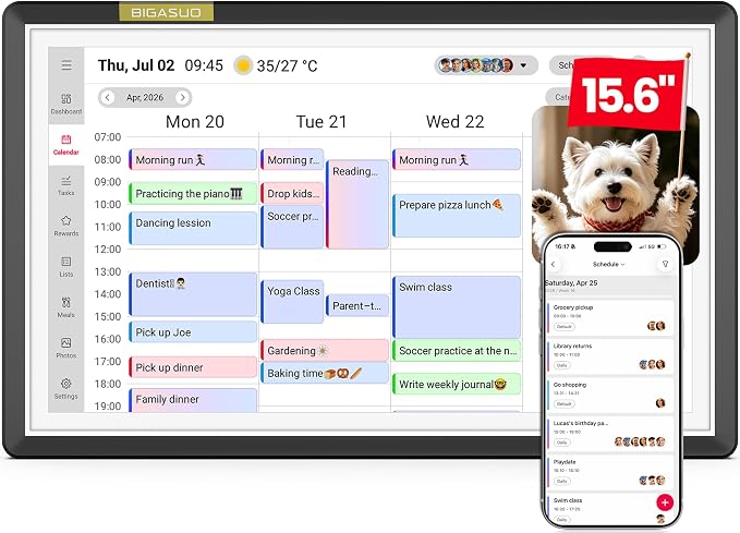 15.6" Smart Digital Calendar for Family, FHD Touchscreen Wall Calendar | App Sync No Subscription, Shared Family Planner, Meal Planning, Chore Chart, Grocery Lists, Reminders & Digital Photo Frame