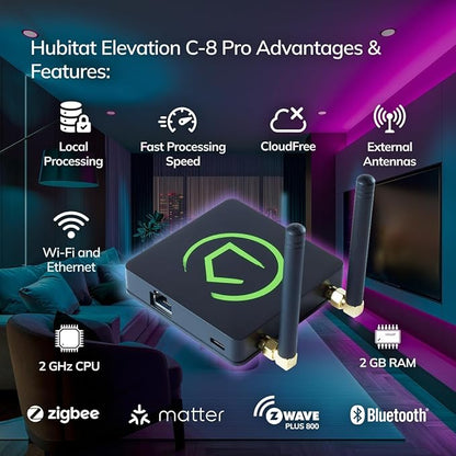 Hubitat Elevation C-8 Pro Smart Home Automation Hub – Matter 1.5, Z-Wave 800 LR, Zigbee 3.0 & Bluetooth – Works with Ring, Alexa, Apple HomeKit & Google Home – Local Control (No Cloud)