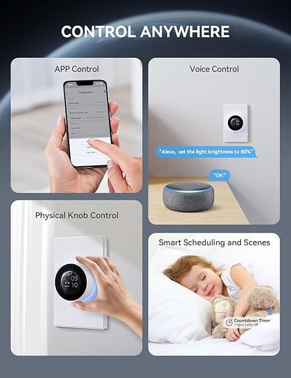ELEGRP WiFi Smart Rotary Triac Dimmer with 1.8 inch TFT Display Screen, 3 Way, Needs Neutral Wire, 2.4GHz Wi-Fi, Compatible with Alexa and Google Home, No Hub Required, UL Listed, 1 Pack, White