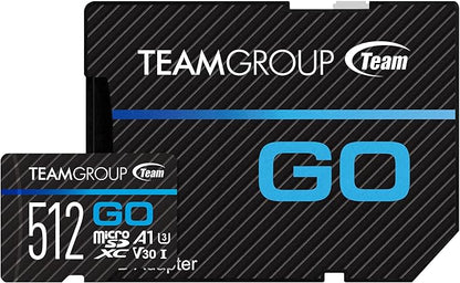 TEAMGROUP GO Card 512GB MicroSDXC UHS-I U3 V30 4K for Action Cameras & Drone High Speed Flash Memory Card with Adapter for Outdoor Sports&Vlog, 4K Shooting,GoPro&Insta360&DJI TGUSDX512GU303
