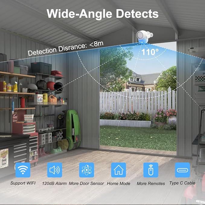 WiFi PIR Motion Detector Alarm with 4 Door Sensors and 2 Remote, Home Alarm System with Phone APP Alert for Home Ranch Van Carport Shop120db Extra Loud