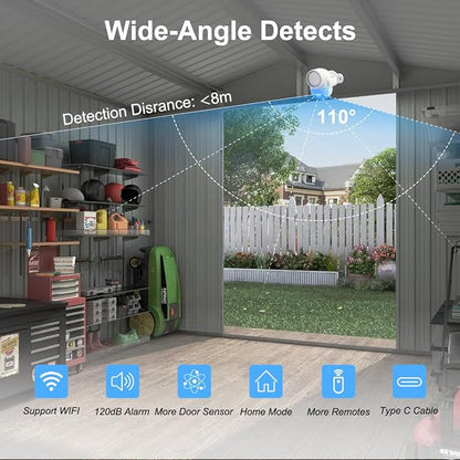 WiFi PIR Motion Detector Alarm with 4 Door Sensors and 2 Remote, Home Alarm System with Phone APP Alert for Home Ranch Van Carport Shop120db Extra Loud
