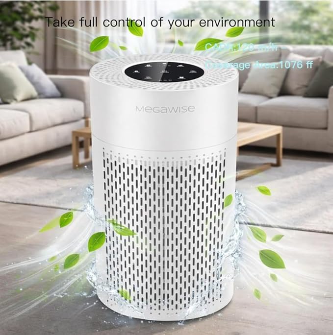 MegaWise Air Purifier EPI-235A (2024) - HEPA Filter, 3-Stage Filtration, Ultra-Quiet Operation, Adjustable Fan Speed, and Night Light (White)