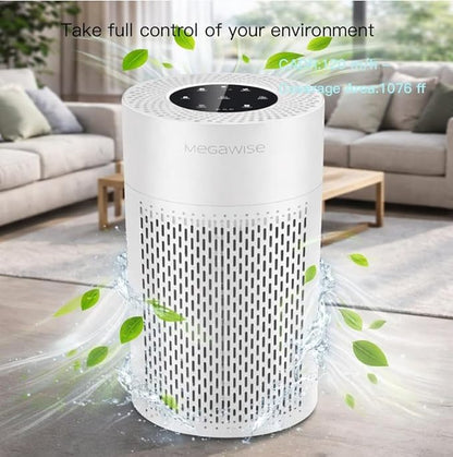 MegaWise Air Purifier EPI-235A (2024) - HEPA Filter, 3-Stage Filtration, Ultra-Quiet Operation, Adjustable Fan Speed, and Night Light (White)