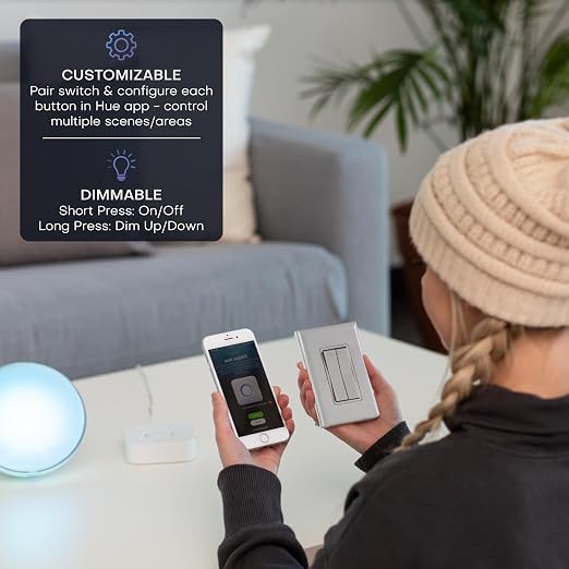 RunLessWire Click for Philips Hue Battery-Free Wireless Smart Switch Gray | Dimmable Kinetic Switch Pairs Natively to Philips Hue Bridge, 4 Programmable Buttons to Control Scenes & Areas, 100ft Range
