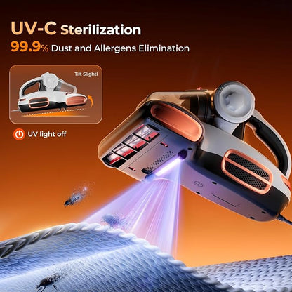 JIGOO T600 Mattress Bed Vacuum Cleaner with UV-C Light, 15Kpa Suction, 700W | 700W Motor, Double Cup, Smart Dust Sensor, Ultrasonic, Heating Tech, MIF Filter, Handheld, Deep Clean for Bed, Sofa, Pet Hair