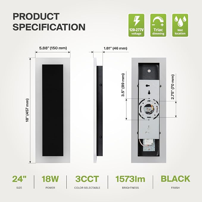 ASD LED 18" Long Wall Mount Light Fixture, Outdoor & Indoor Linear Sconce | 3CCT, Dimmable, Waterproof, Anti-Rust, ETL Listed | 18W 1570LM 3000-5000K 100-277V | Exterior Porch Lighting | Black