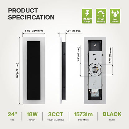 ASD LED 18" Long Wall Mount Light Fixture, Outdoor & Indoor Linear Sconce | 3CCT, Dimmable, Waterproof, Anti-Rust, ETL Listed | 18W 1570LM 3000-5000K 100-277V | Exterior Porch Lighting | Black