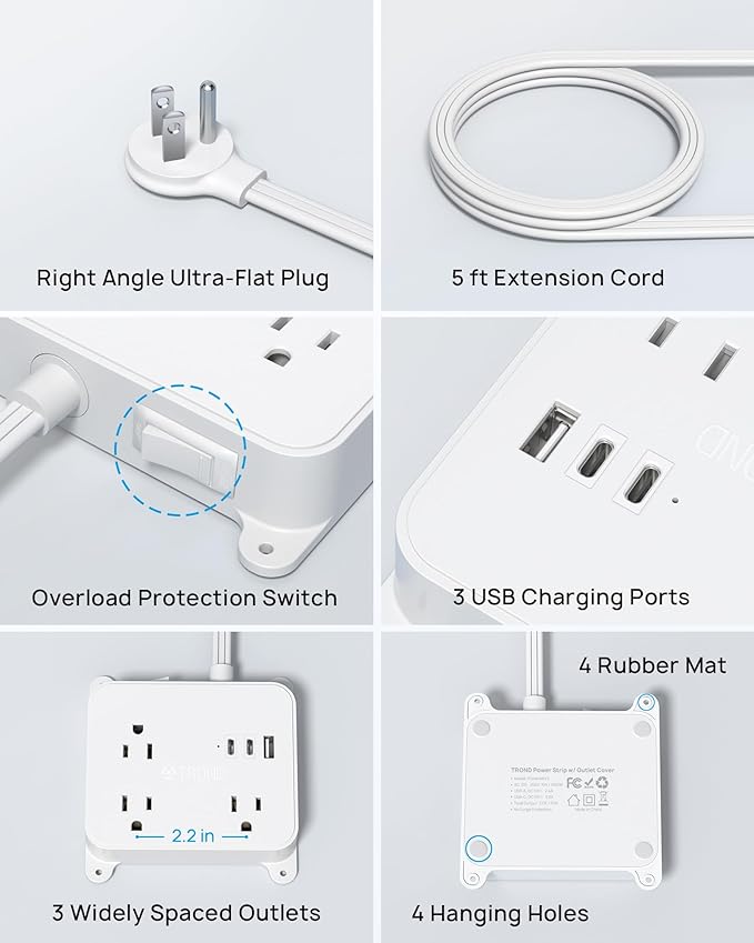 TROND Flat Plug Power Strip, 5FT Ultra Thin Flat Extension Cord with 3 AC Outlets, Wall Mount USB Plug Behind TV, Wall Outlet to Hide in Drawer, Attach Under Desk Cabinet Vanity Counter