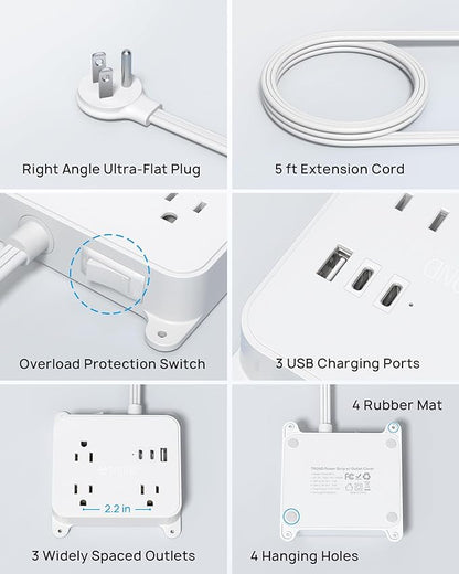 TROND Flat Plug Power Strip, 5FT Ultra Thin Flat Extension Cord with 3 AC Outlets, Wall Mount USB Plug Behind TV, Wall Outlet to Hide in Drawer, Attach Under Desk Cabinet Vanity Counter